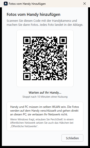 PerchShelf-Fenster „Fotos vom Handy hinzufügen“ mit QR-Code und dem Hinweis, dass Handy und PC im selben WLAN sein müssen